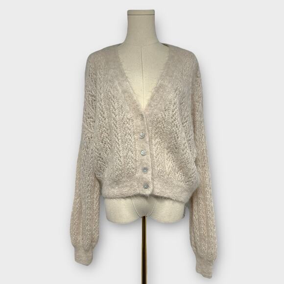 Free People Ameila Alpaca Blend Cardigan Open Knit Oatmeal Heather Sz Medium NEW - Picture 2 of 7